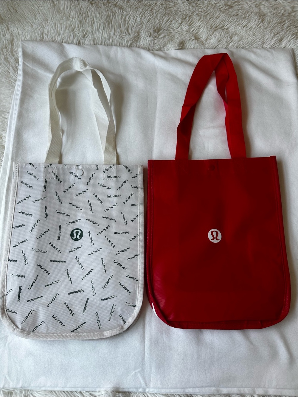 LULULEMON Reusable Shopping Tote Bags Set of 2 Red White Logo Small Shopper